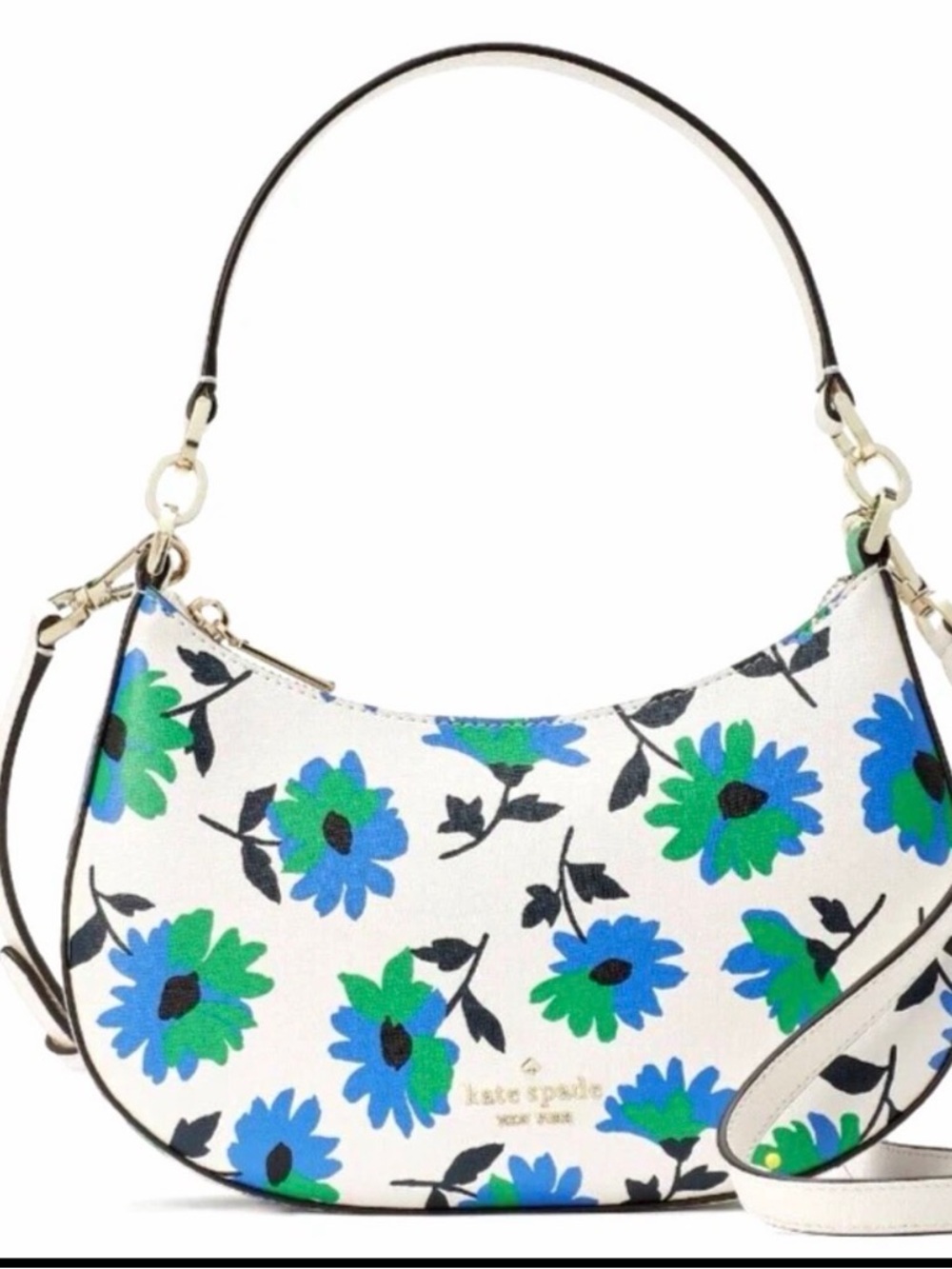kate spade White Floral Crescent Shoulder Bag with Blue and Green Flowers